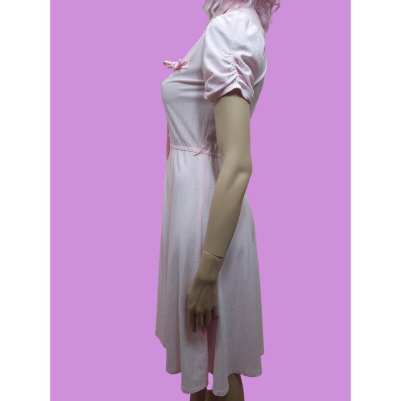 Vintage 70s 80s Pastel Pink Short Sleeve Button Front Dress Bows Size S Coquette - Picture 4 of 6